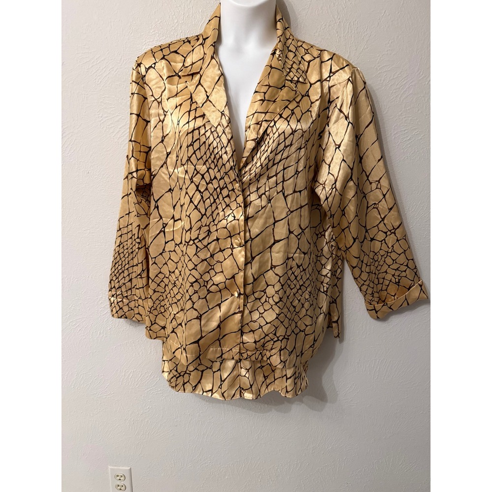 Victorias Secret Gold Black Abstract Print Satin Pajama Set Large Button Down